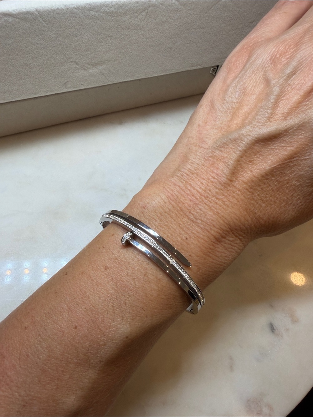 Sterling-Inspired Silver Crystal Nail Cuff Bracelet - Silver stainless steel